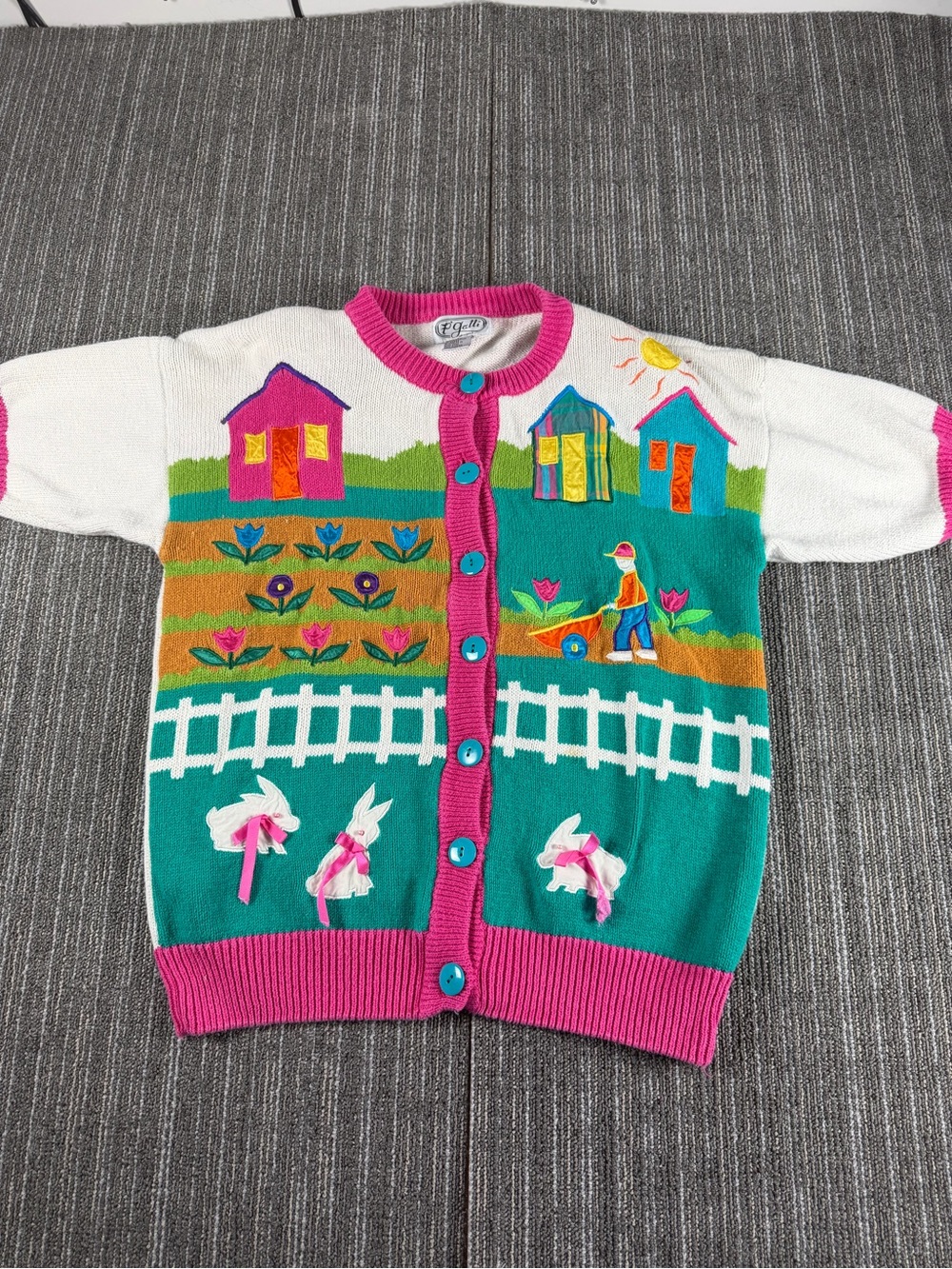 Vintage P’Galli Designs Garden Spring Ugly Sweater, Womens Size L, Retro Buttons